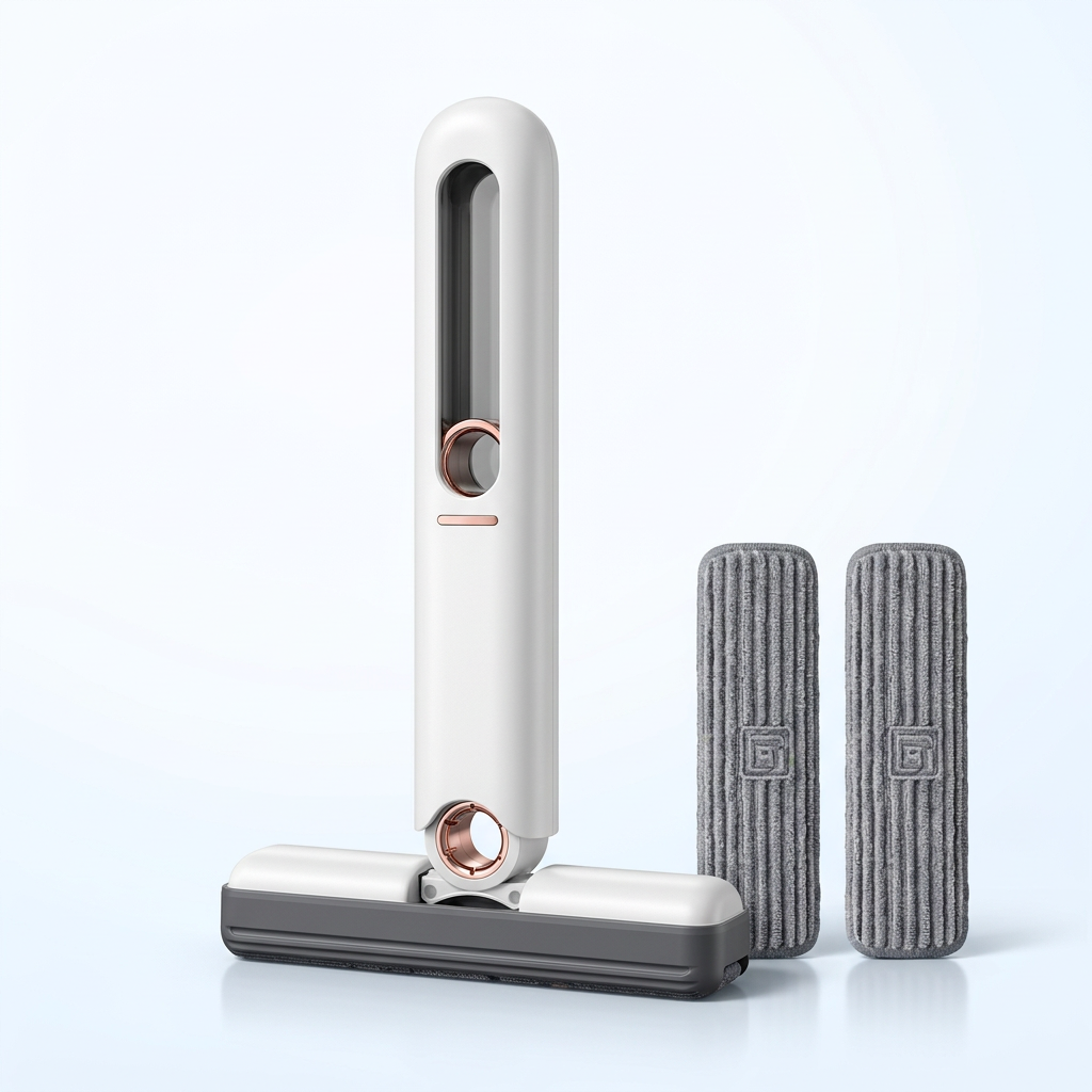 Mini mopa compacta con dos recambios sobre fondo claro