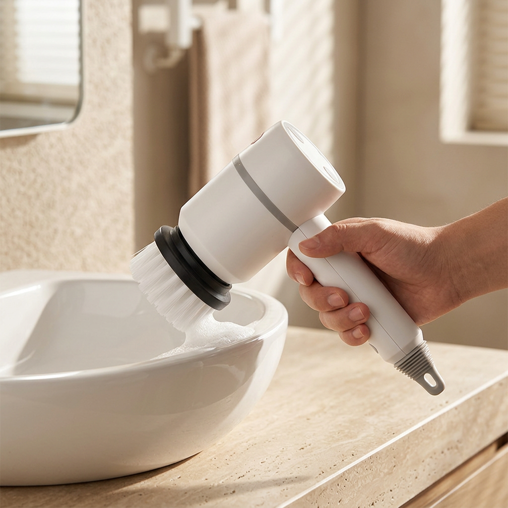 Cepillo eléctrico blanco limpiando un lavabo
