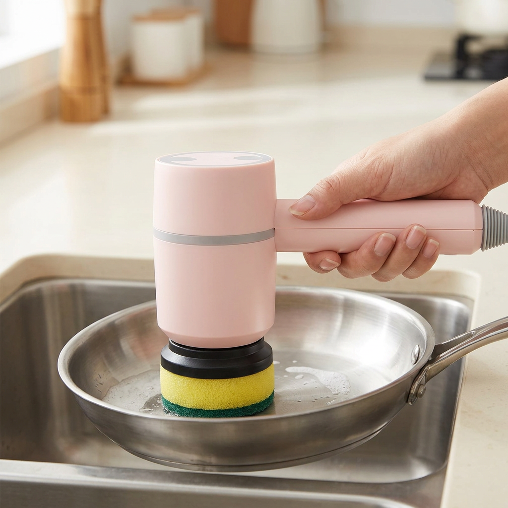 Cepillo eléctrico rosa para limpieza en la cocina
